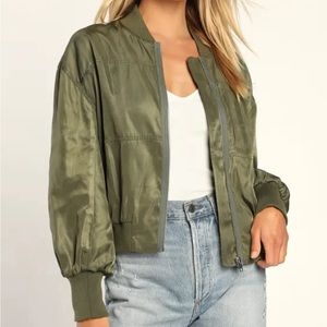 Lulus Born Cool Olive Green Satin Lightweight Bomber Jacket - Medium